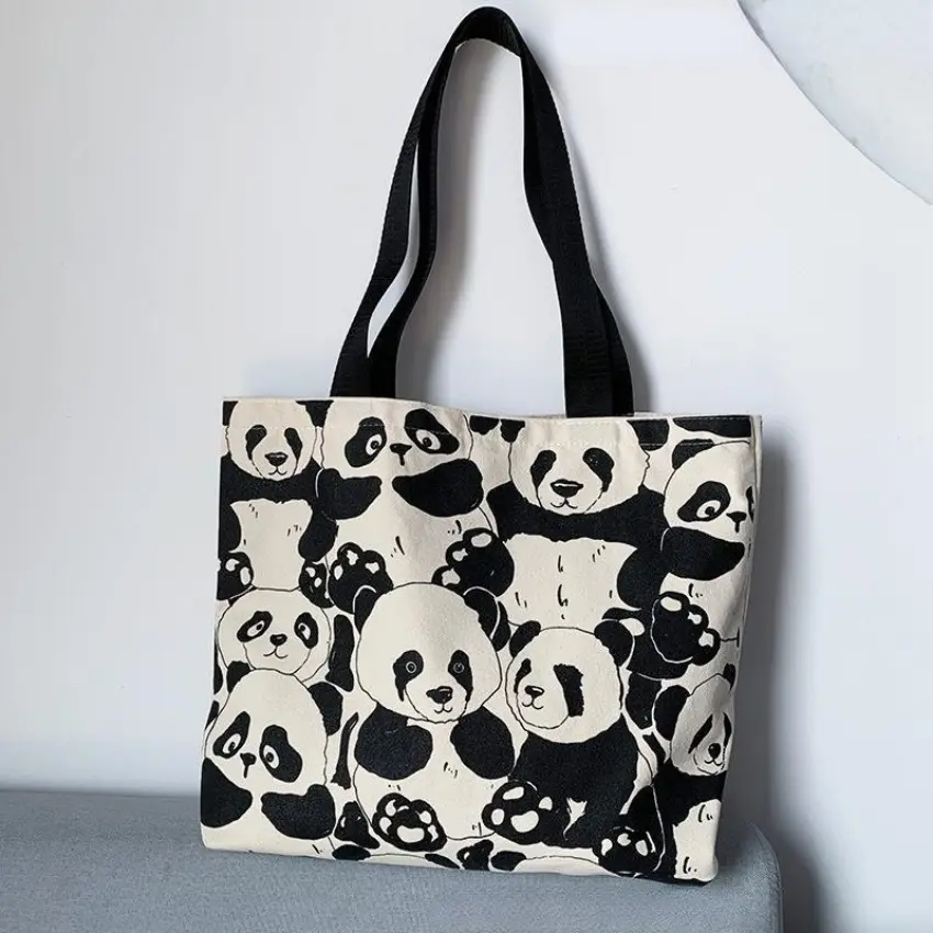 Canvas Bag Women's Shoulder Chinese Style High Capacity Zipper Canvas Bag Portable Shopping Bag Double Cute Panda Sided Printing