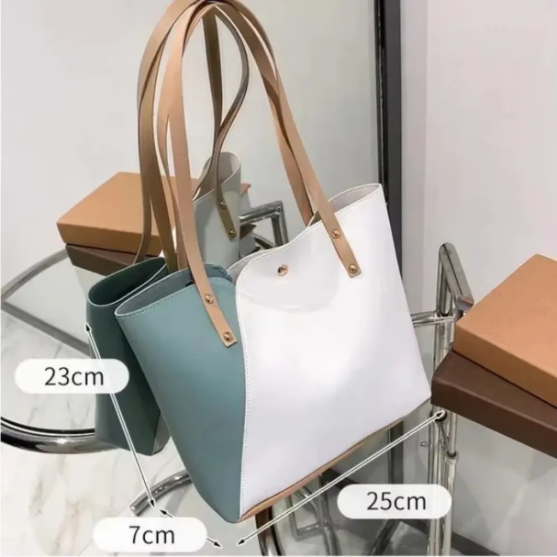 Large Capacity Patchwork Bag Hot Stamped Contrast Color Shoulder Bags Women Pu Leather Ladies Purses and Shopping Bag Casual