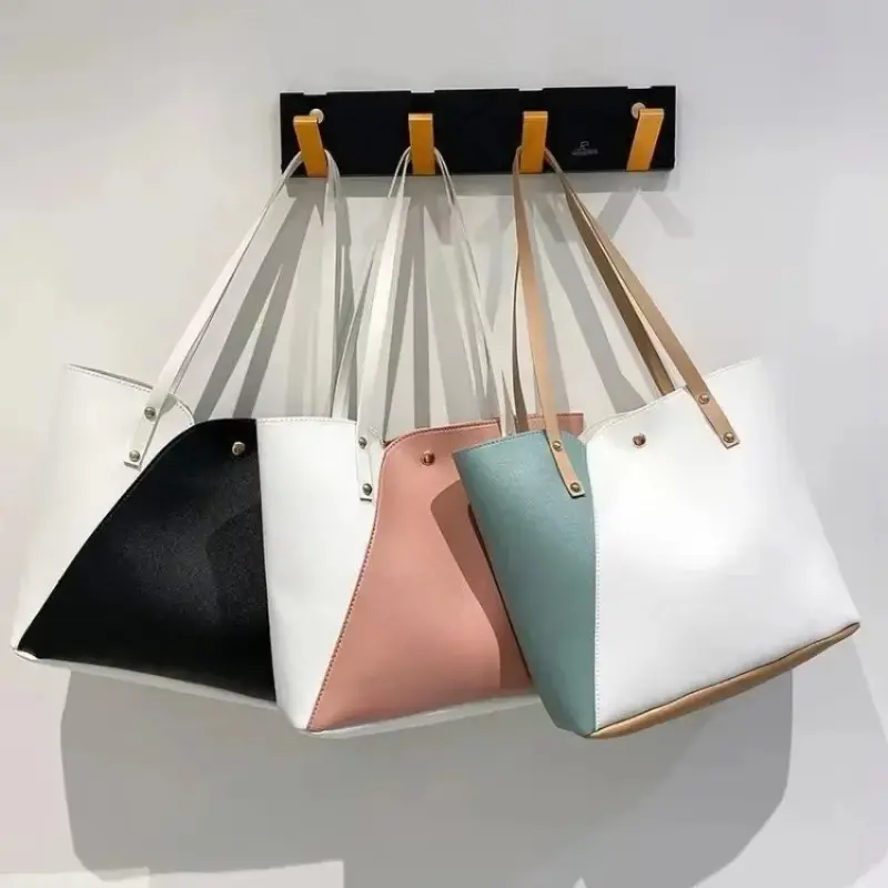 Large Capacity Patchwork Bag Hot Stamped Contrast Color Shoulder Bags Women Pu Leather Ladies Purses and Shopping Bag Casual