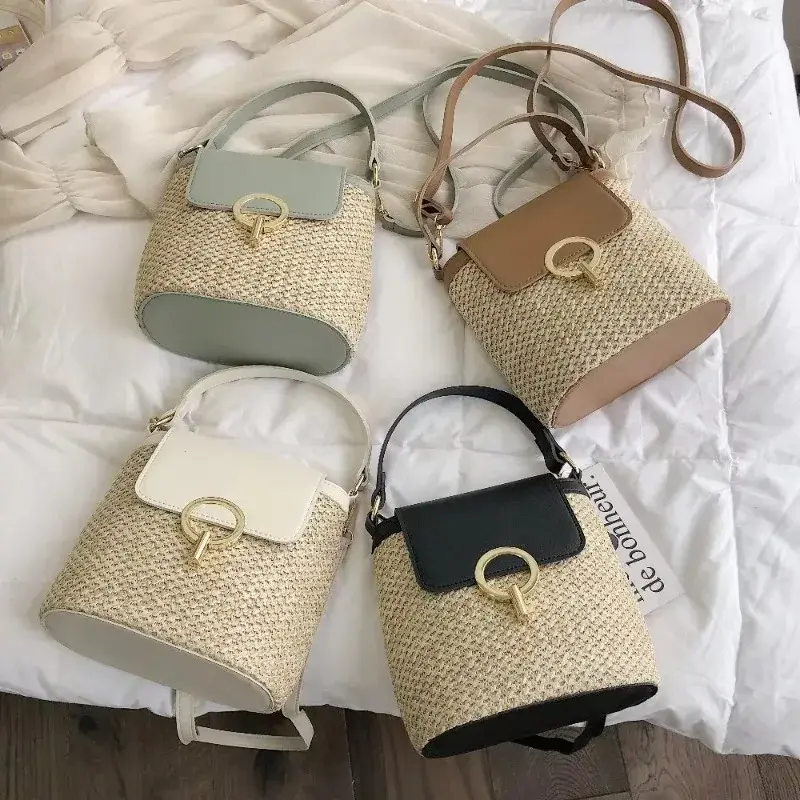 2025 New Fashion Trend Korean Version Versatile Fashion Handheld Crossbody Bucket Bag Beach Vacation Woven Women's Bag