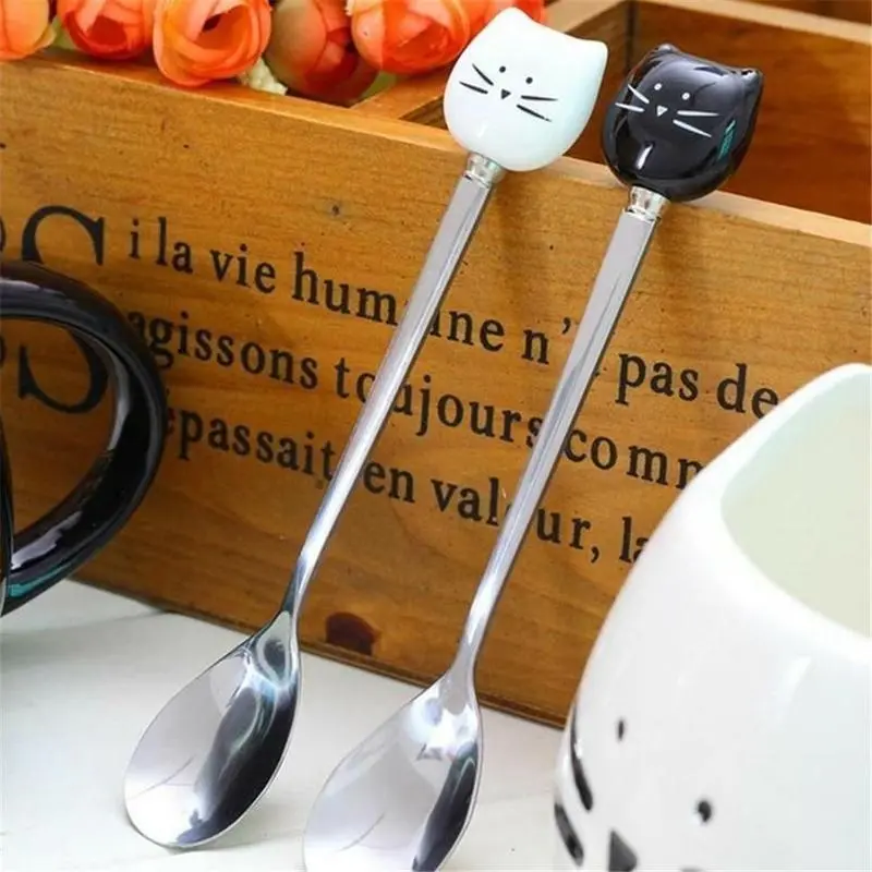 1PC Cat Ceramic Spoons Stainless Steel Cartoon Ice Cream Sugar Tea Dessert Spoon Lovely Creative Animal Drink Coffee Spoons Tool