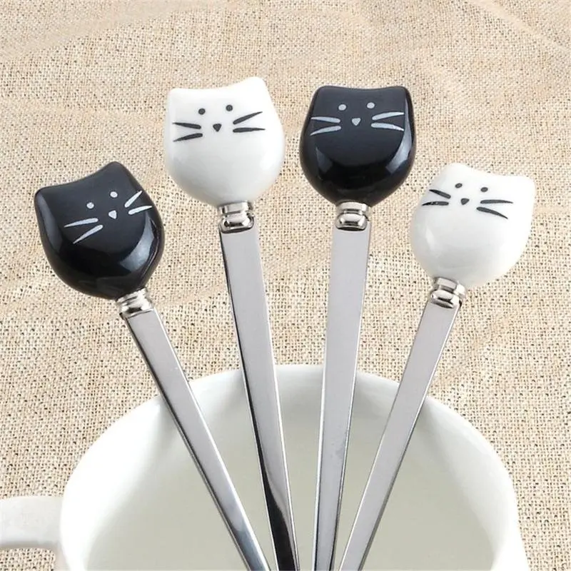 1PC Cat Ceramic Spoons Stainless Steel Cartoon Ice Cream Sugar Tea Dessert Spoon Lovely Creative Animal Drink Coffee Spoons Tool