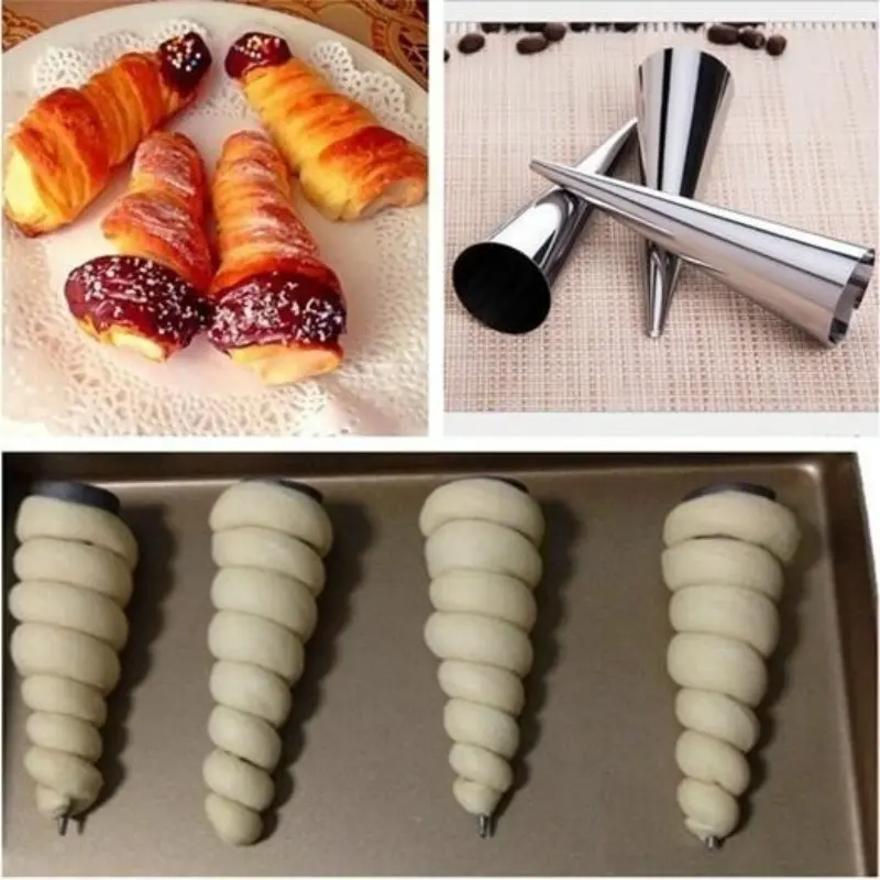 New 6Pcs Stainless Steel Cone Shape Spiral Croissant Denmark Pointed Metal Spiral Baking Tool For Making Croissants Roll Bread