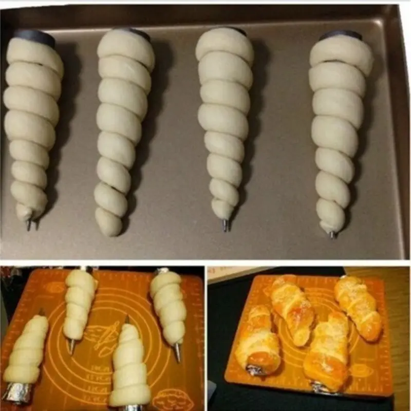 New 6Pcs Stainless Steel Cone Shape Spiral Croissant Denmark Pointed Metal Spiral Baking Tool For Making Croissants Roll Bread