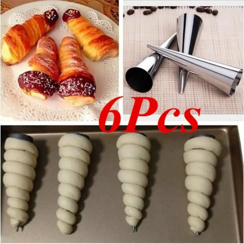 New 6Pcs Stainless Steel Cone Shape Spiral Croissant Denmark Pointed Metal Spiral Baking Tool For Making Croissants Roll Bread