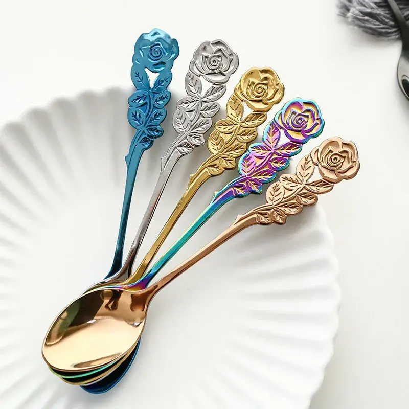 1 Pc Stainless Steel Rose Spoon Flower Handle Coffee Tea Small Stirring Ice Cream Dessert Spoon Suit Kitchen Colorful Soup Spoon