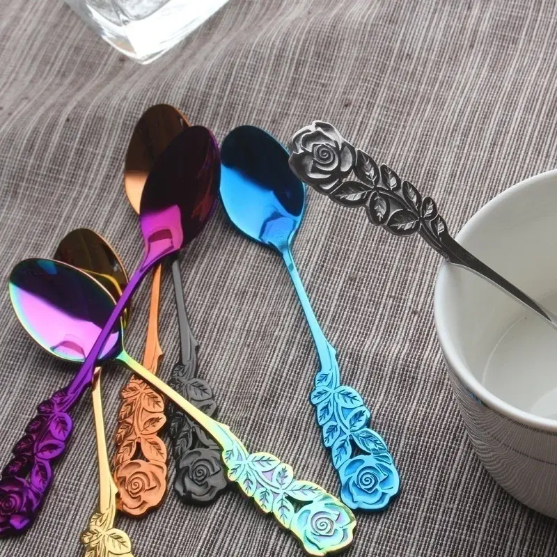 1 Pc Stainless Steel Rose Spoon Flower Handle Coffee Tea Small Stirring Ice Cream Dessert Spoon Suit Kitchen Colorful Soup Spoon