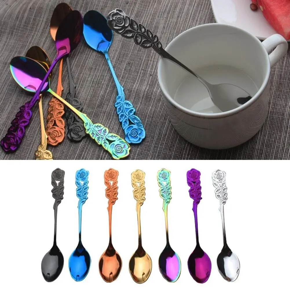 1 Pc Stainless Steel Rose Spoon Flower Handle Coffee Tea Small Stirring Ice Cream Dessert Spoon Suit Kitchen Colorful Soup Spoon