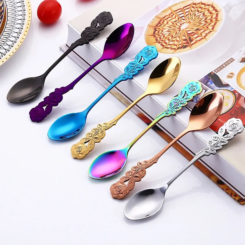 1 Pc Stainless Steel Rose Spoon Flower Handle Coffee Tea Small Stirring Ice Cream Dessert Spoon Suit Kitchen Colorful Soup Spoon