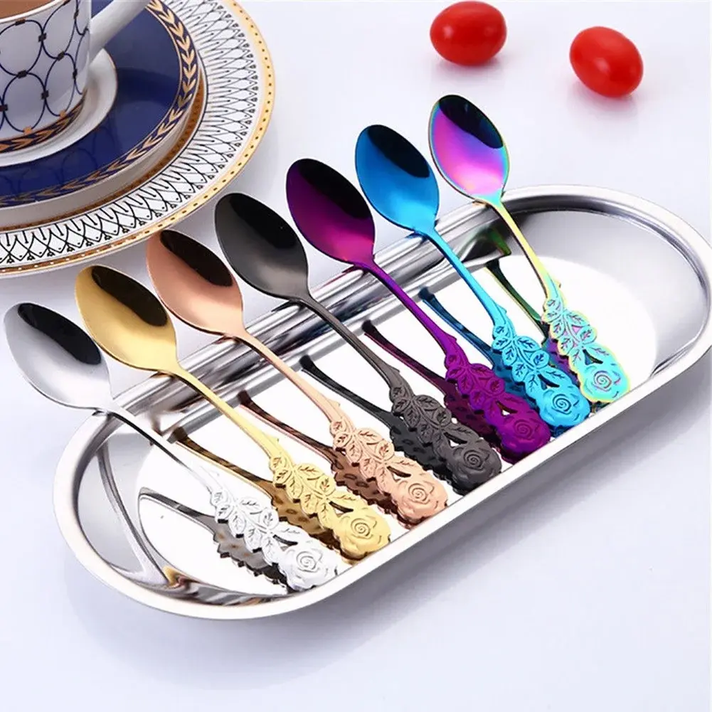 1 Pc Stainless Steel Rose Spoon Flower Handle Coffee Tea Small Stirring Ice Cream Dessert Spoon Suit Kitchen Colorful Soup Spoon