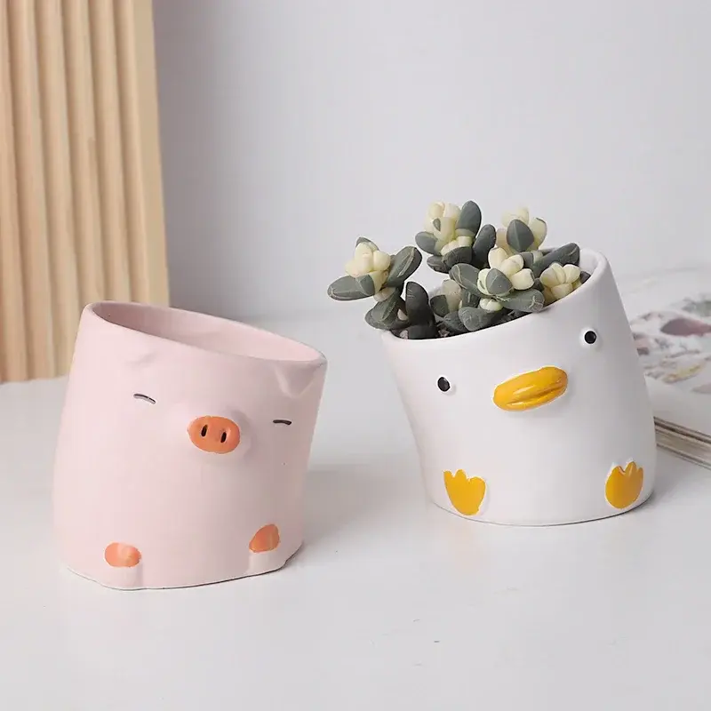 Animal Flower Pot Desktop Balcony Succulent Plant Planting Decoration Creative Crooked Duck and Pig Ceramic Flower Pot