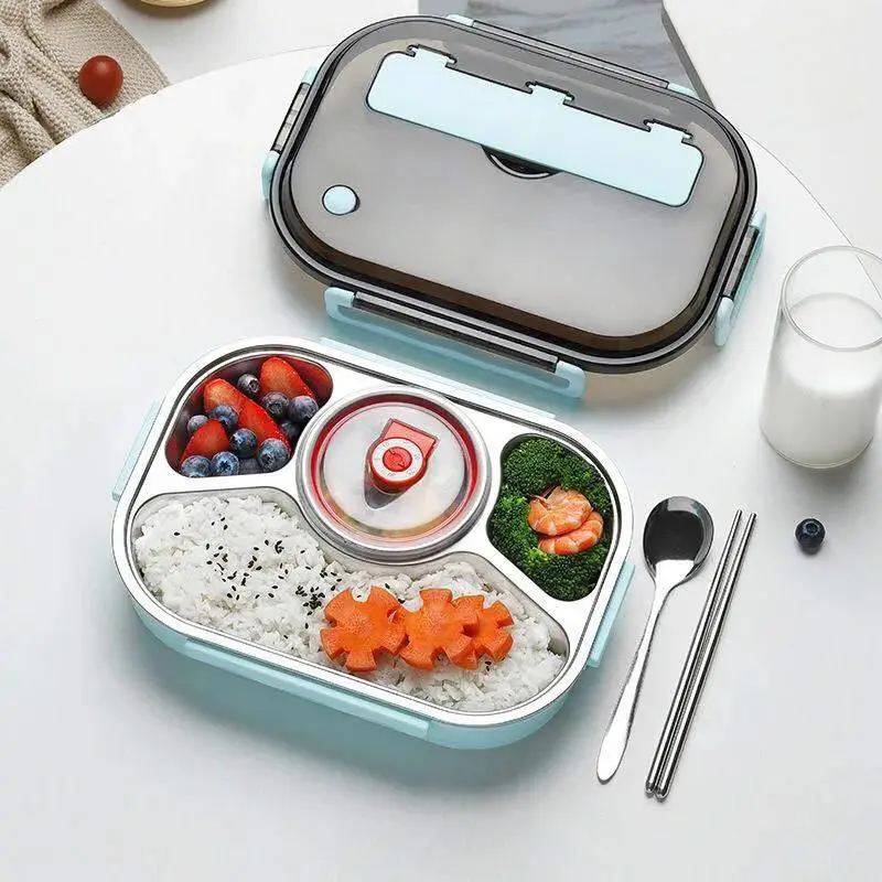 Portable 304 Stainless Steel Solid Color Lunch Box Suitable Kids Use Meal Bowl Picnic Storage 4 Compartments Sealed Lunch Box