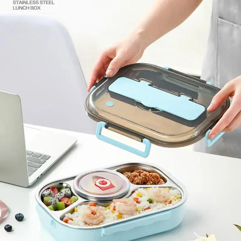 Portable 304 Stainless Steel Solid Color Lunch Box Suitable Kids Use Meal Bowl Picnic Storage 4 Compartments Sealed Lunch Box