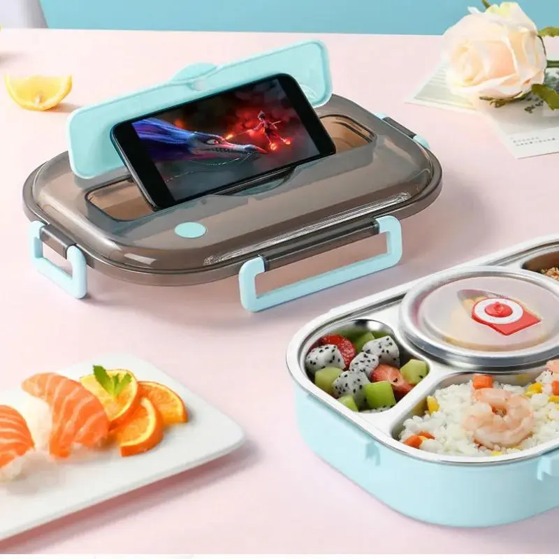 Portable 304 Stainless Steel Solid Color Lunch Box Suitable Kids Use Meal Bowl Picnic Storage 4 Compartments Sealed Lunch Box
