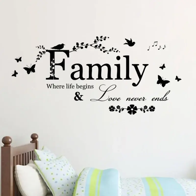 Family Love Never Ends Quote Vinyl Wall Decal Wall Lettering Word Art Wall Sticker Home Decor Wedding Decoration Living Room