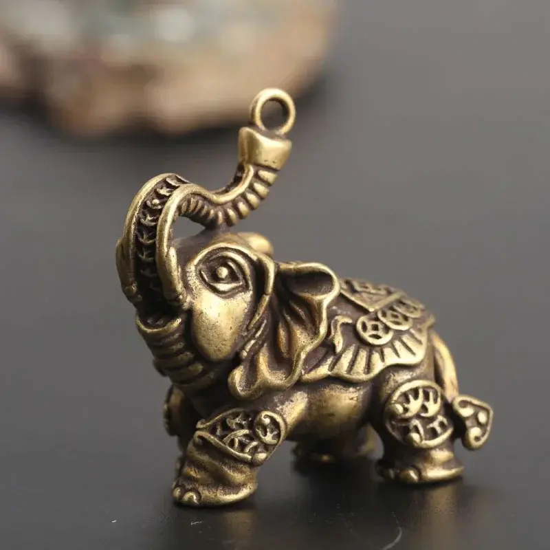 Vintage Brass Auspicious Elephant Pendant Keychain Metal Animal Keychain