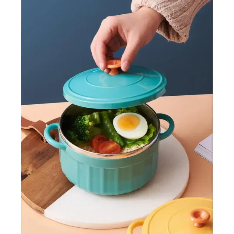 Noodle Bowl Microwave-Heatable Stockpot 2023 Stainless Steel Bowl Tableware Modern Double Ear Soup Bowls with Lid Candy Color