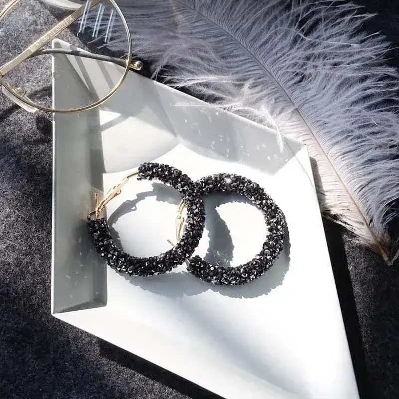 Fashionable Charming Personalized Crystal Hoop Earrings Geometric Round Shiny Rhinestone Jewelry Accessories Creative Lady Gifts