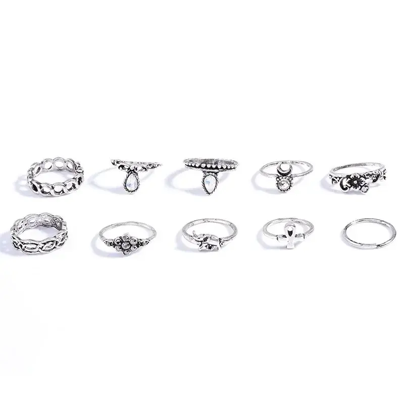 10Pcs Set Gold Boho Fashion Arrow Moon Finger Knuckle Rings Jewelry Opal Ring Jewelry Accessories Creative Fashion Lady Gifts