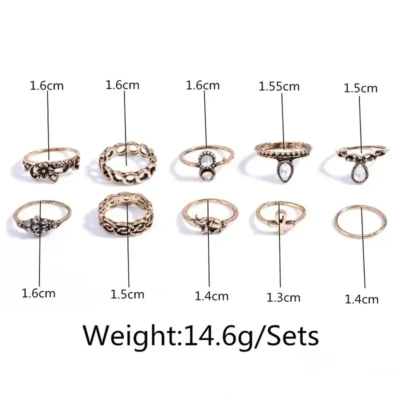 10Pcs Set Gold Boho Fashion Arrow Moon Finger Knuckle Rings Jewelry Opal Ring Jewelry Accessories Creative Fashion Lady Gifts