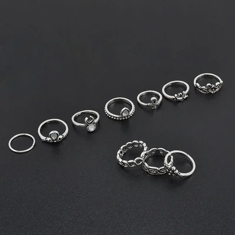 10Pcs Set Gold Boho Fashion Arrow Moon Finger Knuckle Rings Jewelry Opal Ring Jewelry Accessories Creative Fashion Lady Gifts