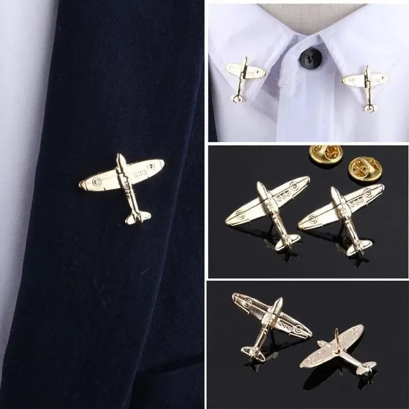 1 Pair Aircraft Double Aircraft Metal Brooch Button Pin Shirt Jacket Collar Lapel Pin Fashion Jewelry Brooch Unisex