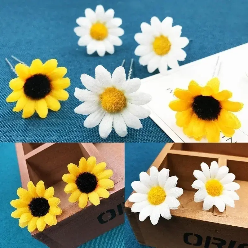 Pretty 5Pcs Fashion Yellow Flower Hair Pin Clip U-shaped Hair Clip Sunflower Bridal Wedding Hair Jewelry Accessory Holiday Party