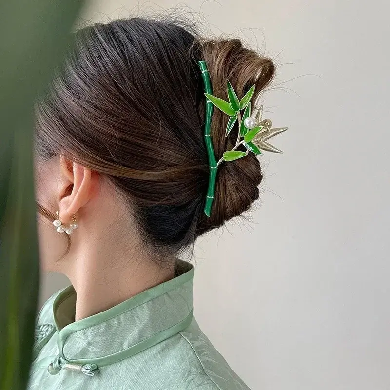 Creative China Style Retro Fresh Green Bamboo Fashionable Pearl Metal Hair Clip Personalized Niche Design Women Styling Headwear