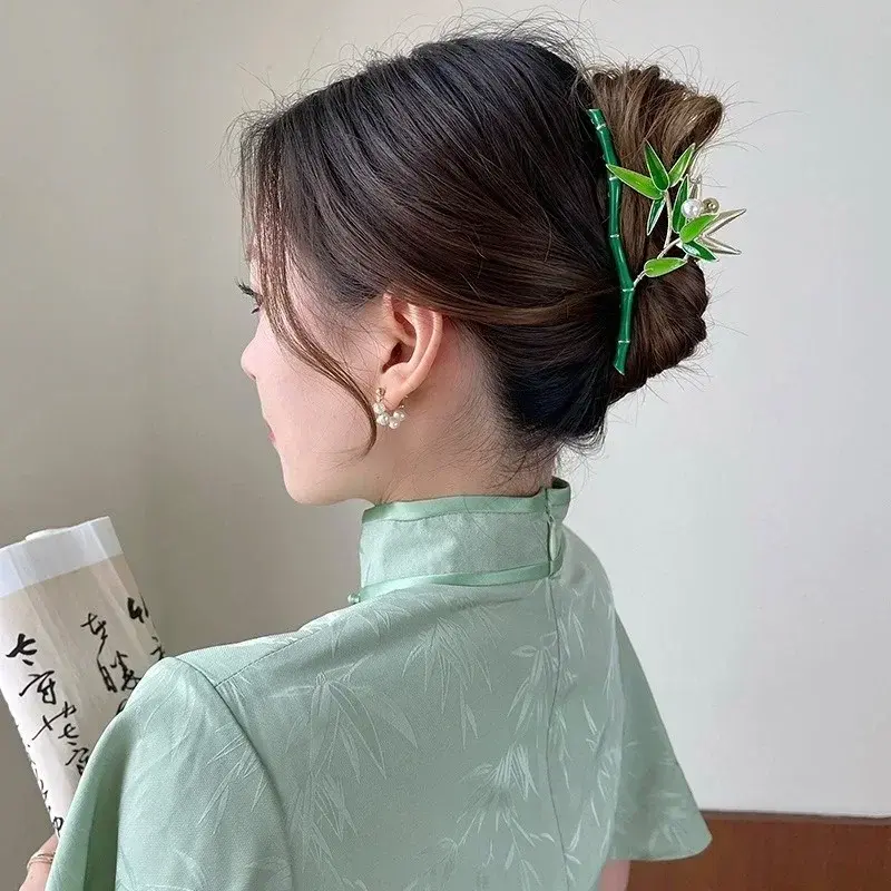 Creative China Style Retro Fresh Green Bamboo Fashionable Pearl Metal Hair Clip Personalized Niche Design Women Styling Headwear