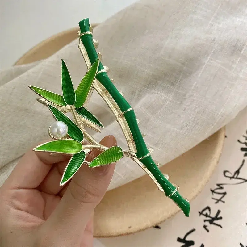 Creative China Style Retro Fresh Green Bamboo Fashionable Pearl Metal Hair Clip Personalized Niche Design Women Styling Headwear