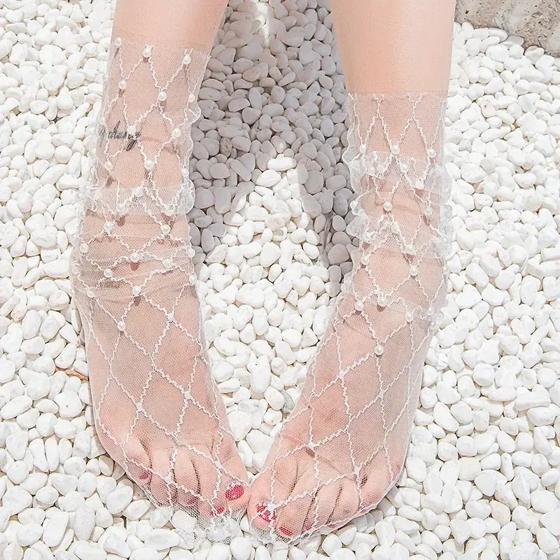 Fashion Pearl Lace Stockings Women Transparent Thin Female Chiffon Stockings Sexy Summer New Ladies Versatile Stockings
