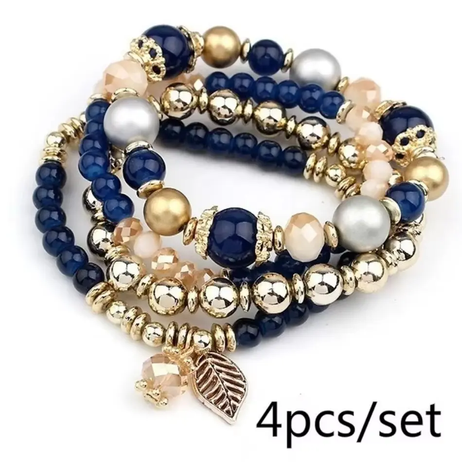 Beautiful 4Pcs Fashionable Simple Crystal Bead Pendant Branches Leaves Versatile Multi-layer Bead Temperament Women's Bracelet