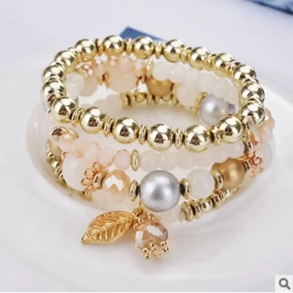 Beautiful 4Pcs Fashionable Simple Crystal Bead Pendant Branches Leaves Versatile Multi-layer Bead Temperament Women's Bracelet