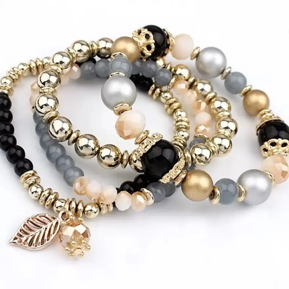 Beautiful 4Pcs Fashionable Simple Crystal Bead Pendant Branches Leaves Versatile Multi-layer Bead Temperament Women's Bracelet