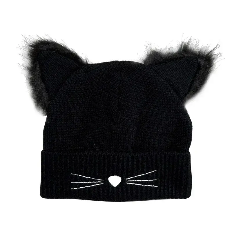 Womens Warm Winter Hat Wool Knitted Cat Ear Faux Mink Hat Skull Fur Pom Pom  Womens Beanie Hat for Women