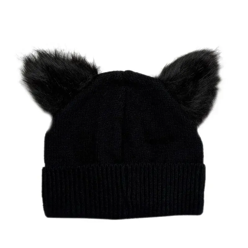 Womens Warm Winter Hat Wool Knitted Cat Ear Faux Mink Hat Skull Fur Pom Pom  Womens Beanie Hat for Women
