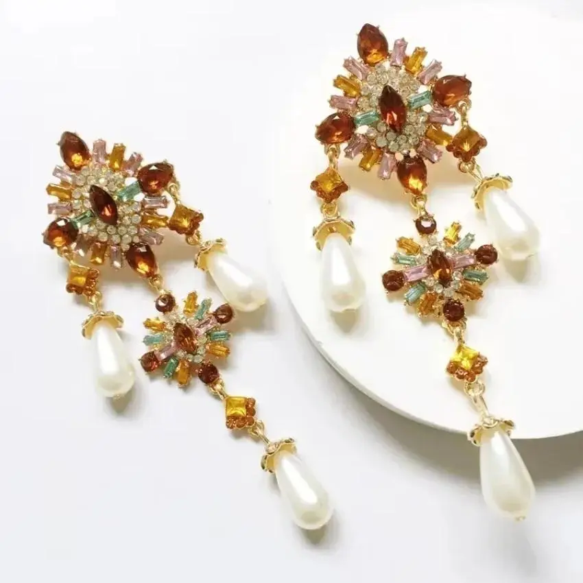 1Pair Fashion Big Full Diamond Imitation Pearl Tassel Earrings European American Exaggerated Earrings Ladies Luxury Earing Rings