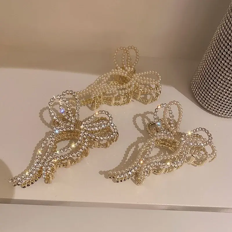 Pearl Hair Claw Set Clip Women Pearl Bow Hairpins Metal Hair Accessory Geometric Hollow Pincer Barrette Crystal Clip Big Decor