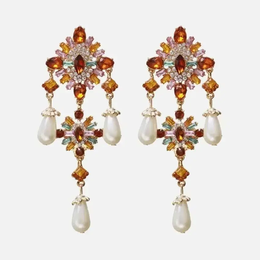 1Pair Fashion Big Full Diamond Imitation Pearl Tassel Earrings European American Exaggerated Earrings Ladies Luxury Earing Rings