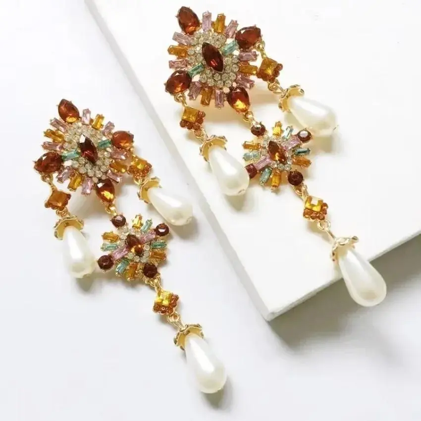 1Pair Fashion Big Full Diamond Imitation Pearl Tassel Earrings European American Exaggerated Earrings Ladies Luxury Earing Rings