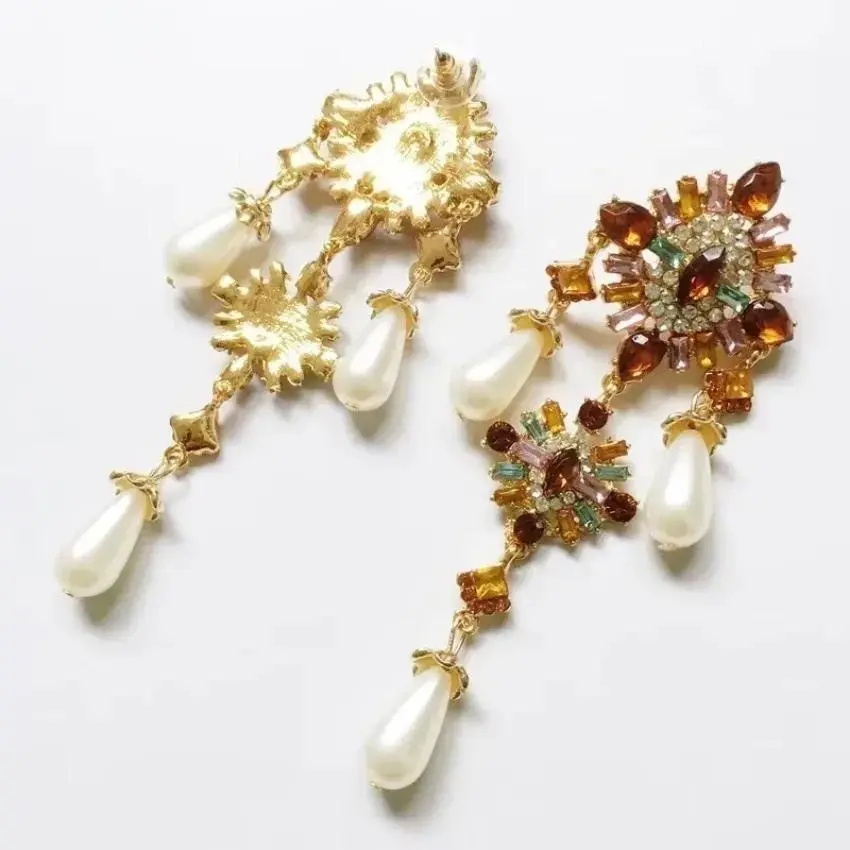 1Pair Fashion Big Full Diamond Imitation Pearl Tassel Earrings European American Exaggerated Earrings Ladies Luxury Earing Rings