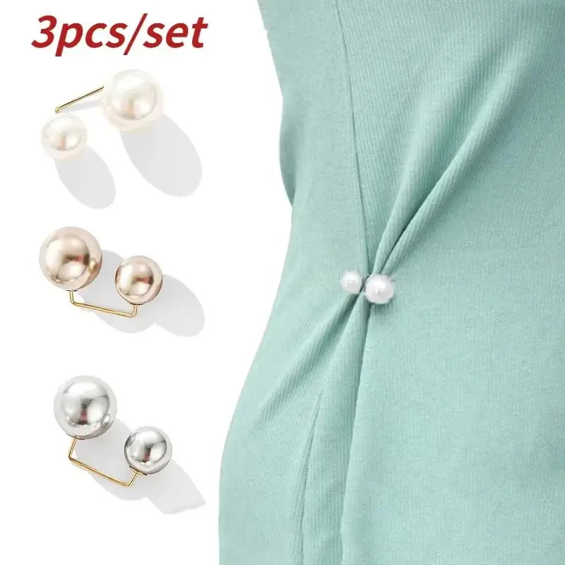 3Pcs/set Double Pearl Brooches Metal Lapel Pin Brooch Pins Sweater Shirt Cardigan Brooch Women Pretty Tightening Waistband Pin