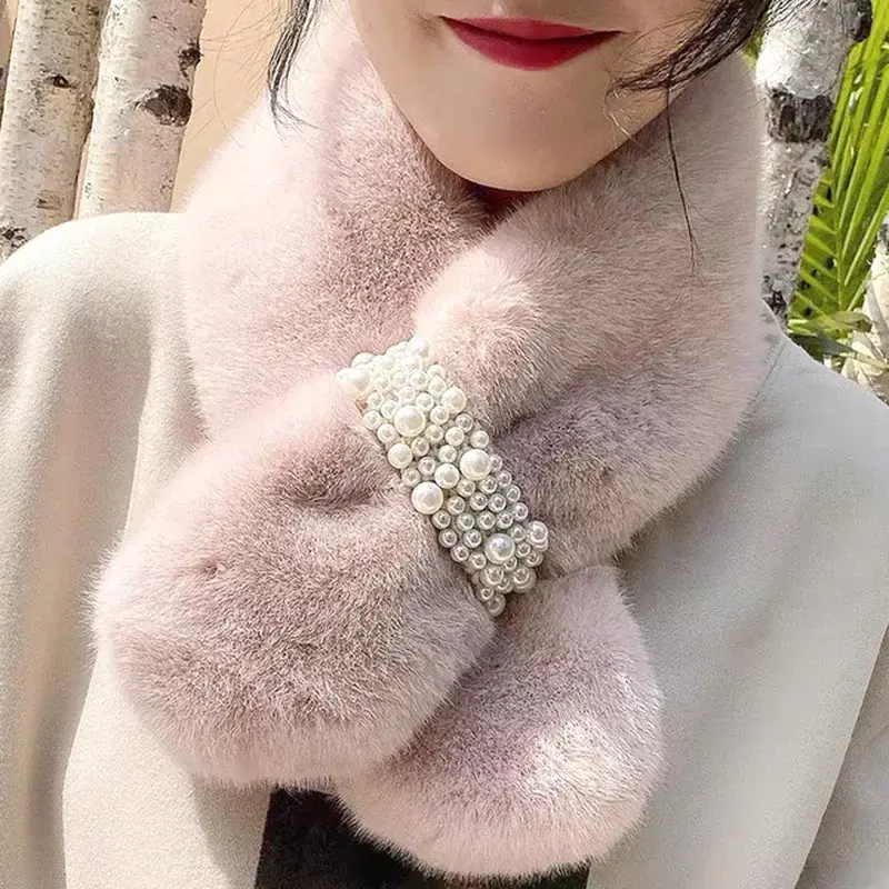 New Womens Winter Scarf Artificial Plush Pearl Thick Warm Cross Three-dimensional Hat Female