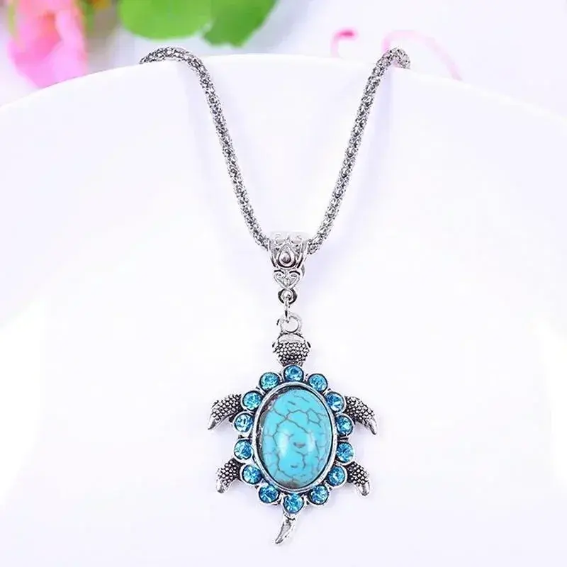 Creative Diamond Encrusted Turtle Turquoise Necklace Cute Blue Turtle Bohemian Sweater Chain Women's Jewelry Necklace Pendant
