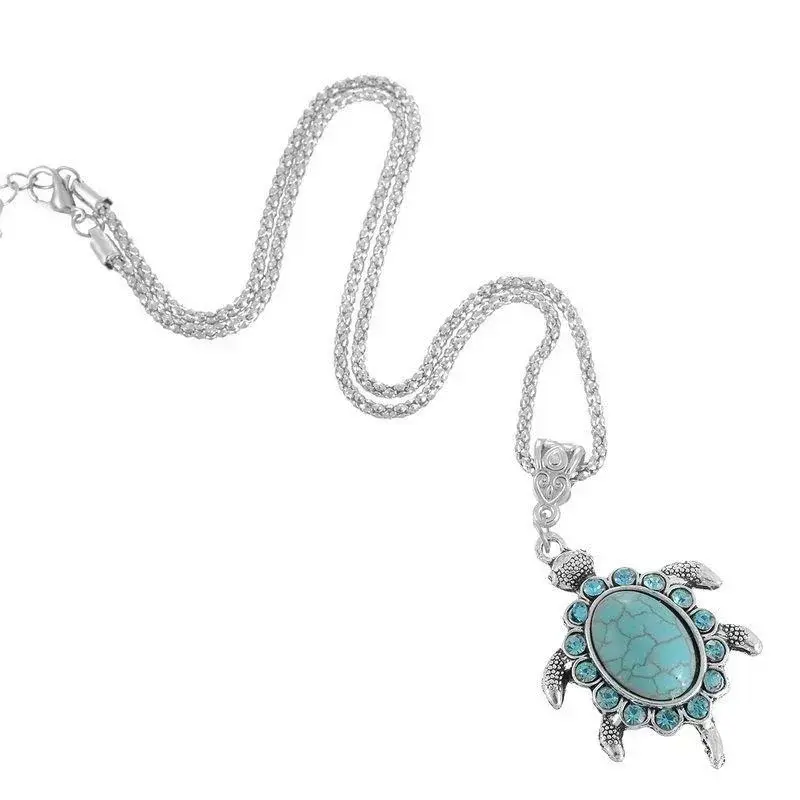 Creative Diamond Encrusted Turtle Turquoise Necklace Cute Blue Turtle Bohemian Sweater Chain Women's Jewelry Necklace Pendant