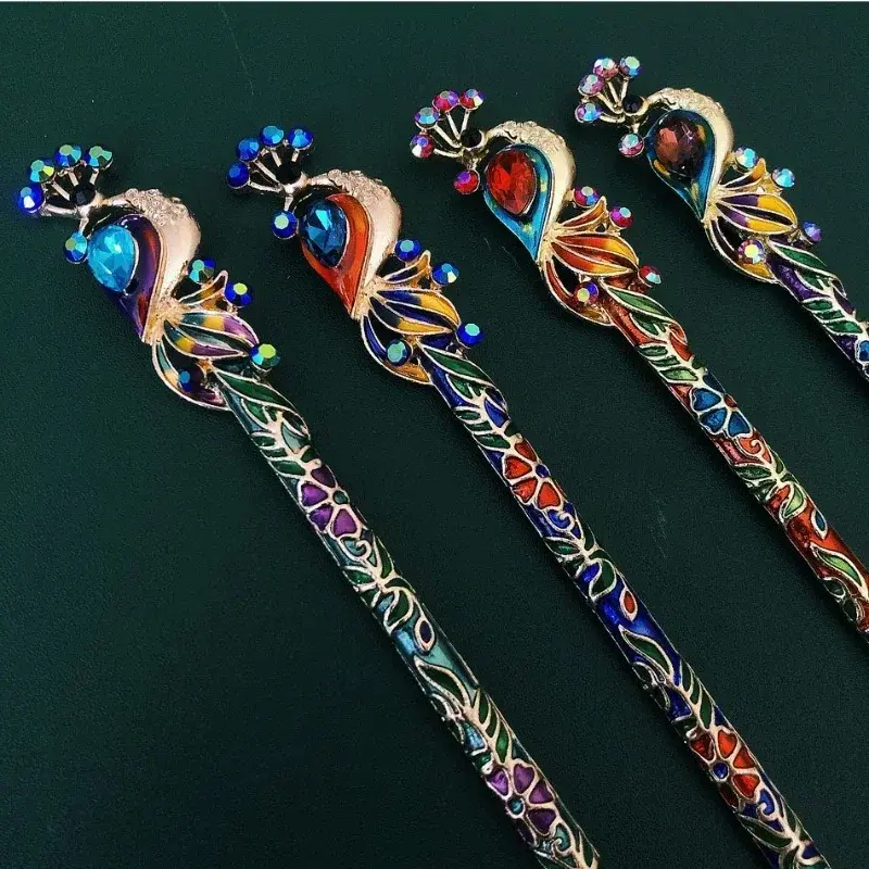 Fashion Hair Decoration Accessories China Crystal Peacock Hairpin Retro Enamel Cloisonn Handmade Jewelry Travel Accessory Gift