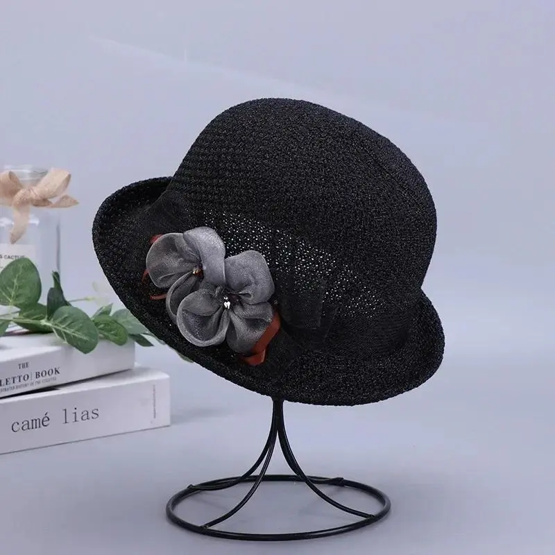 Fashion Elegant Version Women Summer New Knitted Breathable Flower Fisherman Hat Sunshade Sunscreen Curly Edge Short-brimmed Hat