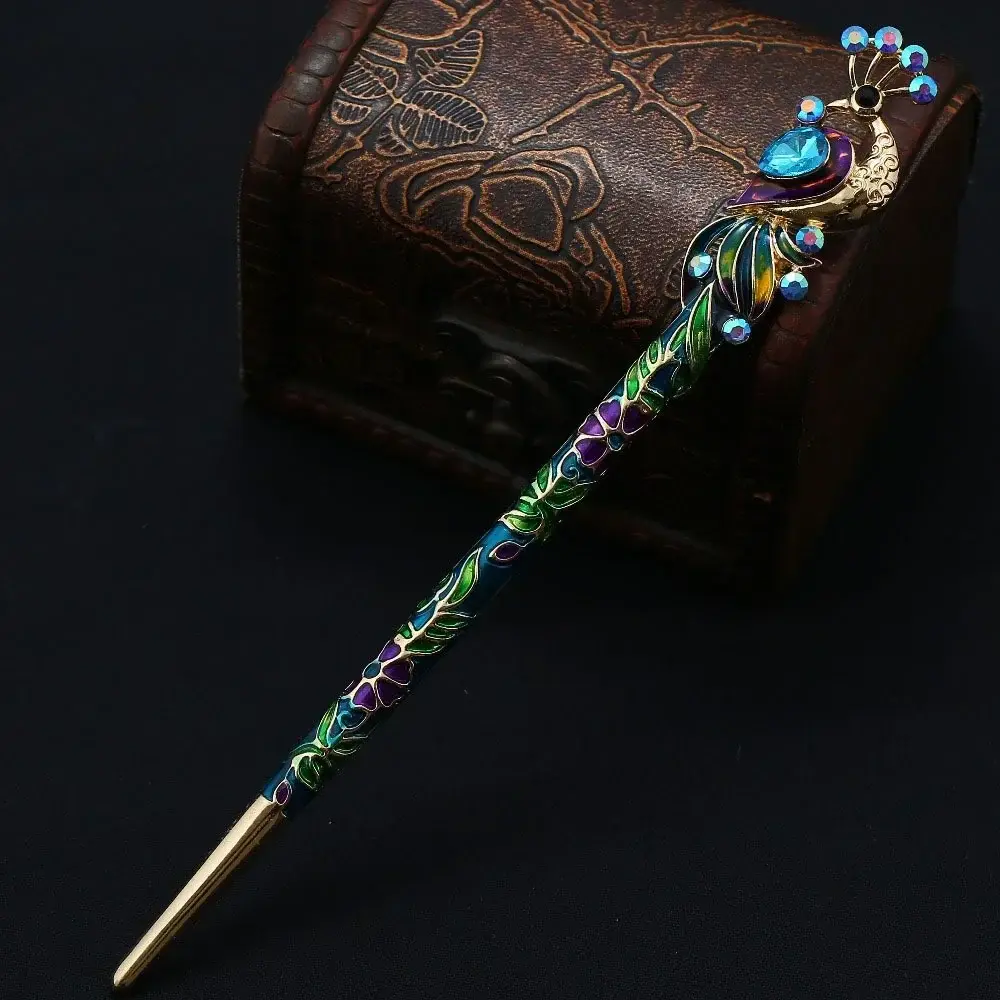 Fashion Hair Decoration Accessories China Crystal Peacock Hairpin Retro Enamel Cloisonn Handmade Jewelry Travel Accessory Gift