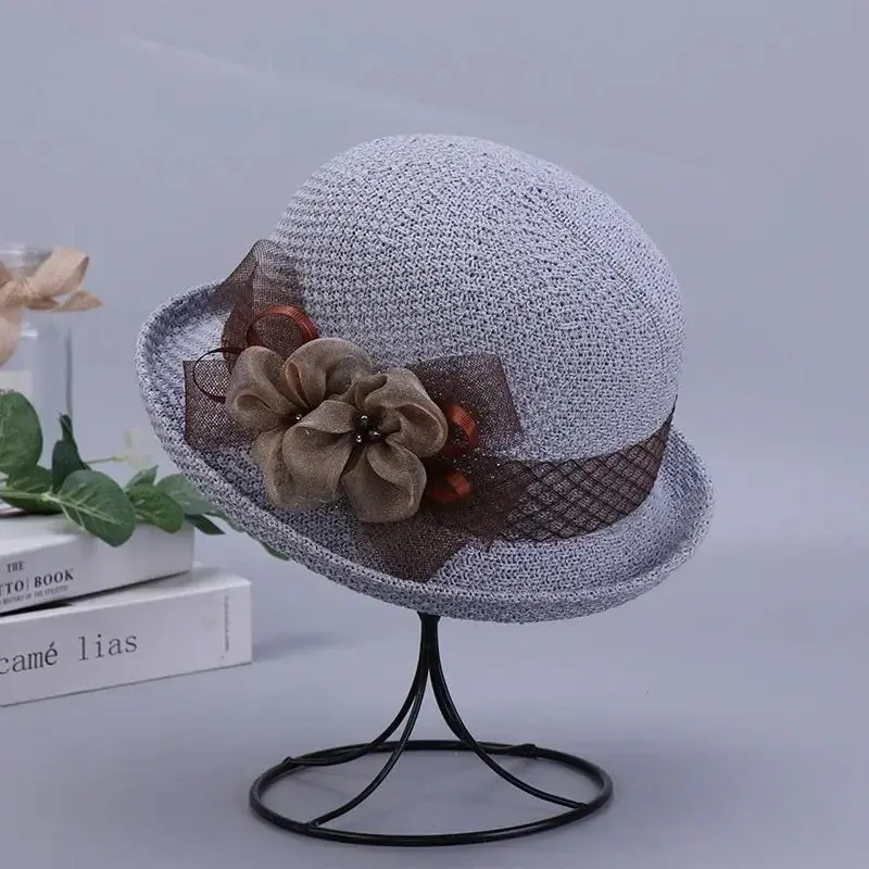 Fashion Elegant Version Women Summer New Knitted Breathable Flower Fisherman Hat Sunshade Sunscreen Curly Edge Short-brimmed Hat