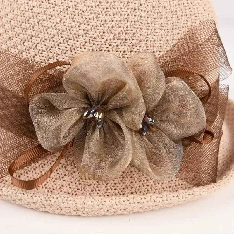 Fashion Elegant Version Women Summer New Knitted Breathable Flower Fisherman Hat Sunshade Sunscreen Curly Edge Short-brimmed Hat